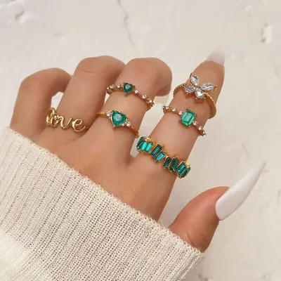 Luxury Green Love Butterfly Finger Ring Set